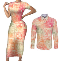 Hawaii Couples Matching Short Sleeve Bodycon Dress and Long Sleeve Button Shirt Aloha Tribal Pattern Sweat Pink Ombre LT9 Pink - Polynesian Pride