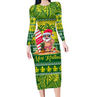 Cook Islands Christmas Family Matching Long Sleeve Bodycon Dress and Hawaiian Shirt Santa Beach Meri Kiritimiti LT9 Mom's Dress Green - Polynesian Pride