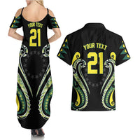 Custom Rugby Cook Islands Avaiki Couples Matching Summer Maxi Dress and Hawaiian Shirt Black Kuki Airani Tribal Maori Inspired LT9 - Polynesian Pride