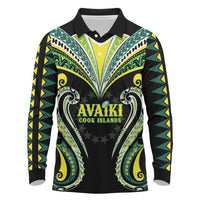 Custom Rugby Cook Islands Avaiki Long Sleeve Polo Shirt Black Kuki Airani Tribal Maori Inspired LT9 Black - Polynesian Pride
