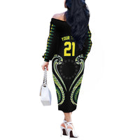 Custom Rugby Cook Islands Avaiki Off The Shoulder Long Sleeve Dress Black Kuki Airani Tribal Maori Inspired LT9 - Polynesian Pride