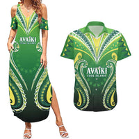 Custom Rugby Cook Islands Avaiki Couples Matching Summer Maxi Dress and Hawaiian Shirt Green Kuki Airani Tribal Maori Inspired LT9 Green - Polynesian Pride