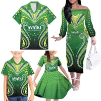 Custom Rugby Cook Islands Avaiki Family Matching Off The Shoulder Long Sleeve Dress and Hawaiian Shirt Green Kuki Airani Tribal Maori Inspired LT9 - Polynesian Pride
