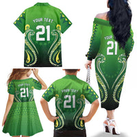 Custom Rugby Cook Islands Avaiki Family Matching Off The Shoulder Long Sleeve Dress and Hawaiian Shirt Green Kuki Airani Tribal Maori Inspired LT9 - Polynesian Pride