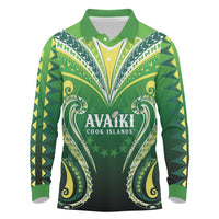 Custom Rugby Cook Islands Avaiki Long Sleeve Polo Shirt Green Kuki Airani Tribal Maori Inspired LT9 Green - Polynesian Pride