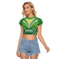 Custom Rugby Cook Islands Avaiki Raglan Cropped T Shirt Green Kuki Airani Tribal Maori Inspired LT9 Female Green - Polynesian Pride