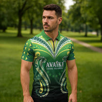 Custom Rugby Cook Islands Avaiki Zipper Polo Shirt Green Kuki Airani Tribal Maori Inspired LT9 - Polynesian Pride