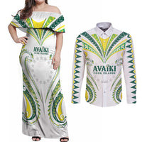 Custom Rugby Cook Islands Avaiki Couples Matching Off Shoulder Maxi Dress and Long Sleeve Button Shirt White Kuki Airani Tribal Maori Inspired LT9 White - Polynesian Pride