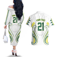 Custom Rugby Cook Islands Avaiki Couples Matching Off The Shoulder Long Sleeve Dress and Hawaiian Shirt White Kuki Airani Tribal Maori Inspired LT9 - Polynesian Pride