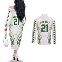 Custom Rugby Cook Islands Avaiki Couples Matching Off The Shoulder Long Sleeve Dress and Long Sleeve Button Shirt White Kuki Airani Tribal Maori Inspired LT9 - Polynesian Pride