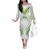 Custom Rugby Cook Islands Avaiki Off The Shoulder Long Sleeve Dress White Kuki Airani Tribal Maori Inspired LT9 Women White - Polynesian Pride