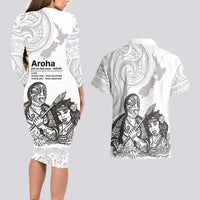 Aroha Maori Language Couples Matching Long Sleeve Bodycon Dress and Hawaiian Shirt Te Reo Maori Inspired Art LT9 - Polynesian Pride