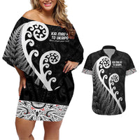 Kia Mau Ki To Ukaipo Couples Matching Off Shoulder Short Dress and Hawaiian Shirt Te Reo Maori Koru Fern Art LT9 Black - Polynesian Pride