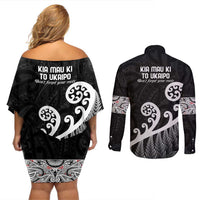 Kia Mau Ki To Ukaipo Couples Matching Off Shoulder Short Dress and Long Sleeve Button Shirt Te Reo Maori Koru Fern Art LT9 - Polynesian Pride