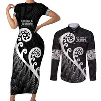 Kia Mau Ki To Ukaipo Couples Matching Short Sleeve Bodycon Dress and Long Sleeve Button Shirt Te Reo Maori Koru Fern Art LT9 Black - Polynesian Pride