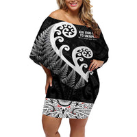Kia Mau Ki To Ukaipo Off Shoulder Short Dress Te Reo Maori Koru Fern Art LT9 Women Black - Polynesian Pride
