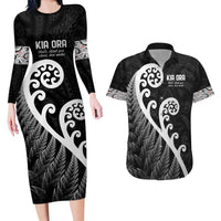 Kia Ora Maori Language Couples Matching Long Sleeve Bodycon Dress and Hawaiian Shirt Te Reo Maori Koru Fern Art LT9 Black - Polynesian Pride