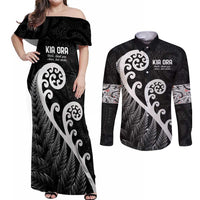Kia Ora Maori Language Couples Matching Off Shoulder Maxi Dress and Long Sleeve Button Shirt Te Reo Maori Koru Fern Art LT9 Black - Polynesian Pride