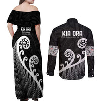 Kia Ora Maori Language Couples Matching Off Shoulder Maxi Dress and Long Sleeve Button Shirt Te Reo Maori Koru Fern Art LT9 - Polynesian Pride