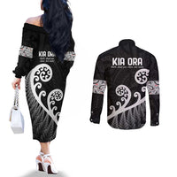 Kia Ora Maori Language Couples Matching Off The Shoulder Long Sleeve Dress and Long Sleeve Button Shirt Te Reo Maori Koru Fern Art LT9 - Polynesian Pride