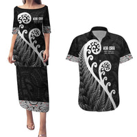 Kia Ora Maori Language Couples Matching Puletasi and Hawaiian Shirt Te Reo Maori Koru Fern Art LT9 Black - Polynesian Pride