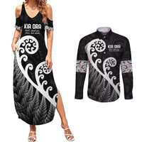 Kia Ora Maori Language Couples Matching Summer Maxi Dress and Long Sleeve Button Shirt Te Reo Maori Koru Fern Art LT9 Black - Polynesian Pride