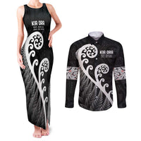 Kia Ora Maori Language Couples Matching Tank Maxi Dress and Long Sleeve Button Shirt Te Reo Maori Koru Fern Art LT9 Black - Polynesian Pride