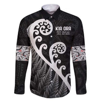 Kia Ora Maori Language Family Matching Mermaid Dress and Hawaiian Shirt Te Reo Maori Koru Fern Art LT9 Dad's Shirt - Long Sleeve Black - Polynesian Pride