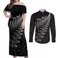 New Zealand Te Reo Mori Couples Matching Off Shoulder Maxi Dress and Long Sleeve Button Shirt Simple Black Fern LT9 Black - Polynesian Pride