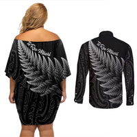 New Zealand Te Reo Mori Couples Matching Off Shoulder Short Dress and Long Sleeve Button Shirt Simple Black Fern LT9 - Polynesian Pride