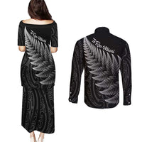 New Zealand Te Reo Mori Couples Matching Puletasi and Long Sleeve Button Shirt Simple Black Fern LT9 - Polynesian Pride