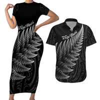 New Zealand Te Reo Mori Couples Matching Short Sleeve Bodycon Dress and Hawaiian Shirt Simple Black Fern LT9 Black - Polynesian Pride