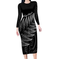 New Zealand Te Reo Mori Long Sleeve Bodycon Dress Simple Black Fern LT9 Long Dress Black - Polynesian Pride