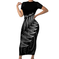 New Zealand Te Reo Mori Short Sleeve Bodycon Dress Simple Black Fern LT9 Long Dress Black - Polynesian Pride