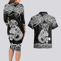 Te Reo Maori Tiki Inspired Art Couples Matching Long Sleeve Bodycon Dress and Hawaiian Shirt LT9 - Polynesian Pride