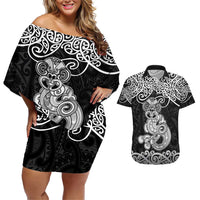 Te Reo Maori Tiki Inspired Art Couples Matching Off Shoulder Short Dress and Hawaiian Shirt LT9 Black - Polynesian Pride