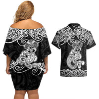 Te Reo Maori Tiki Inspired Art Couples Matching Off Shoulder Short Dress and Hawaiian Shirt LT9 - Polynesian Pride