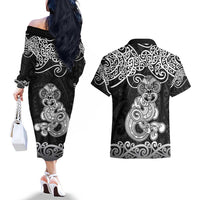 Te Reo Maori Tiki Inspired Art Couples Matching Off The Shoulder Long Sleeve Dress and Hawaiian Shirt LT9 - Polynesian Pride