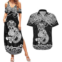 Te Reo Maori Tiki Inspired Art Couples Matching Summer Maxi Dress and Hawaiian Shirt LT9 Black - Polynesian Pride
