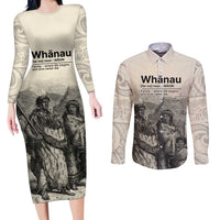 Whanau Maori Language Couples Matching Long Sleeve Bodycon Dress and Long Sleeve Button Shirt Te Reo Maori Inspired Art LT9 Nude - Polynesian Pride
