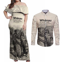 Whanau Maori Language Couples Matching Off Shoulder Maxi Dress and Long Sleeve Button Shirt Te Reo Maori Inspired Art LT9 Nude - Polynesian Pride