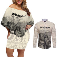 Whanau Maori Language Couples Matching Off Shoulder Short Dress and Long Sleeve Button Shirt Te Reo Maori Inspired Art LT9 Nude - Polynesian Pride