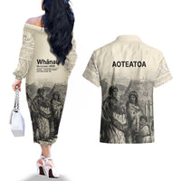 Whanau Maori Language Couples Matching Off The Shoulder Long Sleeve Dress and Hawaiian Shirt Te Reo Maori Inspired Art LT9 - Polynesian Pride