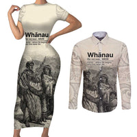 Whanau Maori Language Couples Matching Short Sleeve Bodycon Dress and Long Sleeve Button Shirt Te Reo Maori Inspired Art LT9 Nude - Polynesian Pride