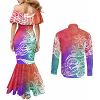 Polynesian Sunset Plumeria Couples Matching Mermaid Dress and Long Sleeve Button Shirts Pacific Island Tribal Blossom Style LT9 - Polynesian Pride