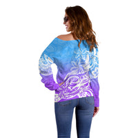 Polynesian Sunset Plumeria Off Shoulder Sweater Pacific Island Tribal Blue Style LT9 - Polynesian Pride