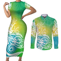 Polynesian Sunset Plumeria Couples Matching Short Sleeve Bodycon Dress and Long Sleeve Button Shirts Pacific Island Tribal Green Style LT9 Green - Polynesian Pride