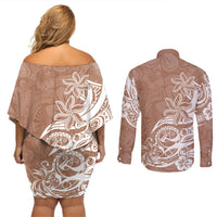 Polynesian Sunset Plumeria Couples Matching Off Shoulder Short Dress and Long Sleeve Button Shirts Pacific Island Tribal Nude Style LT9 - Polynesian Pride