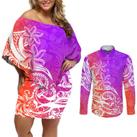 Polynesian Sunset Plumeria Couples Matching Off Shoulder Short Dress and Long Sleeve Button Shirts Pacific Island Tribal Purple Style LT9 Purple - Polynesian Pride