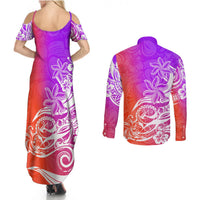 Polynesian Sunset Plumeria Couples Matching Summer Maxi Dress and Long Sleeve Button Shirts Pacific Island Tribal Purple Style LT9 - Polynesian Pride